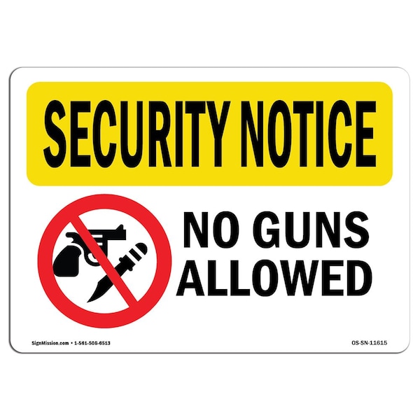 Safety Sign, OSHA SECURITY NOTICE, 3.5" Height, 5" Width, No Guns Allowed, Landscape, 10PK
